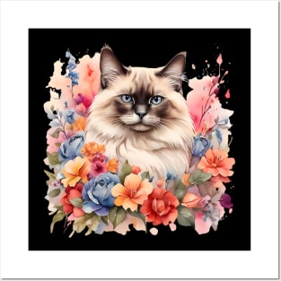 A birman cat decorated with beautiful watercolor flowers Posters and Art